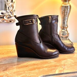 Tory Burch Dark Brown Leather Wedge Boots with Sherpa Lining